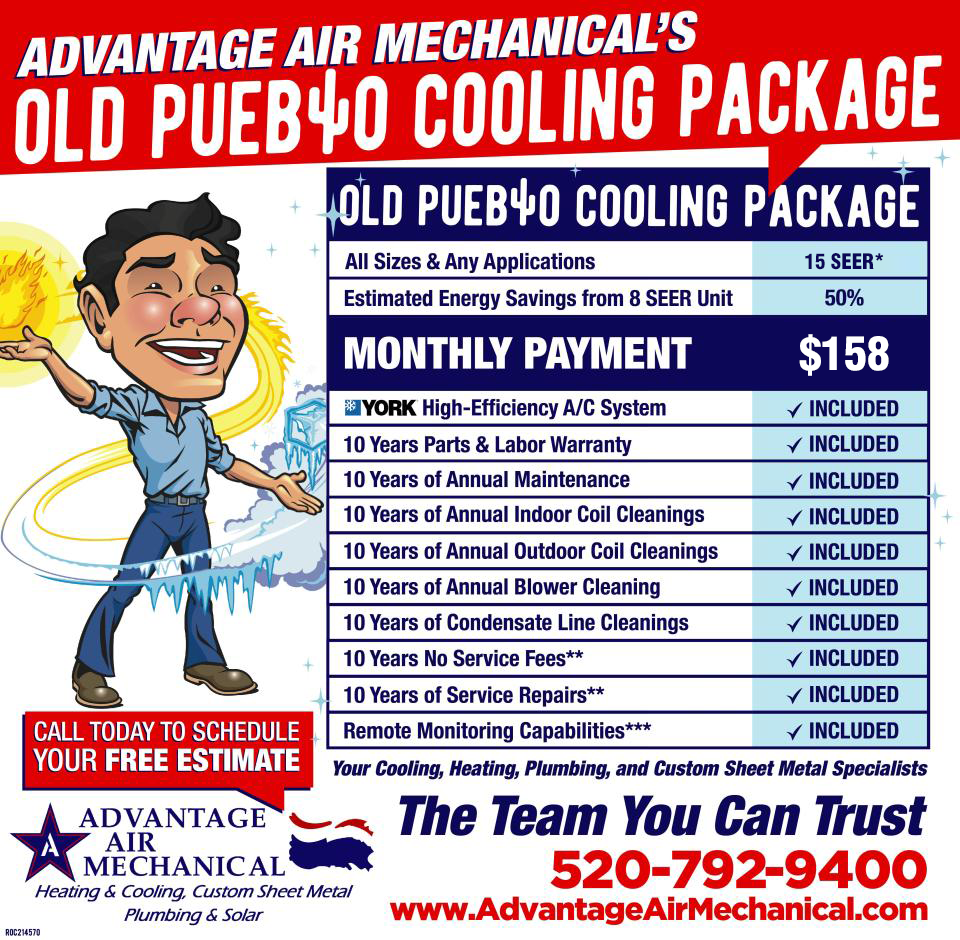 Old Pueblo Cooling plan includes a York 15-SEER cooling system, 10 years of annual maintenance, and a 10-year parts & labor warranty for $158 per month.
