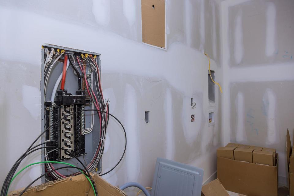 An opened electrical panel showing exposed wiring and installed in an unfinished drywalled wall.
