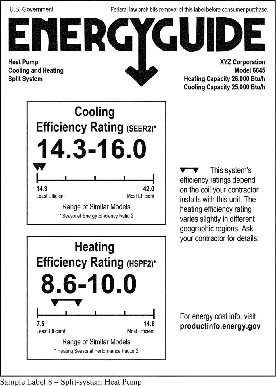 White Energy Guide sticker showing a cooling rating and a heating rating