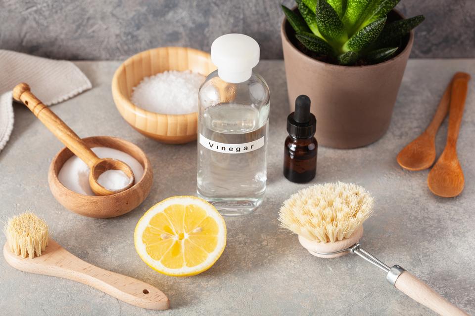 Picture of lemons, salt, white vinegar and scrub brushes. All used for cleaning hard water.