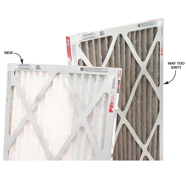 Comparison of a new air filter vs. a dirty filter. The dirty one on the right will cause higher electricity bills