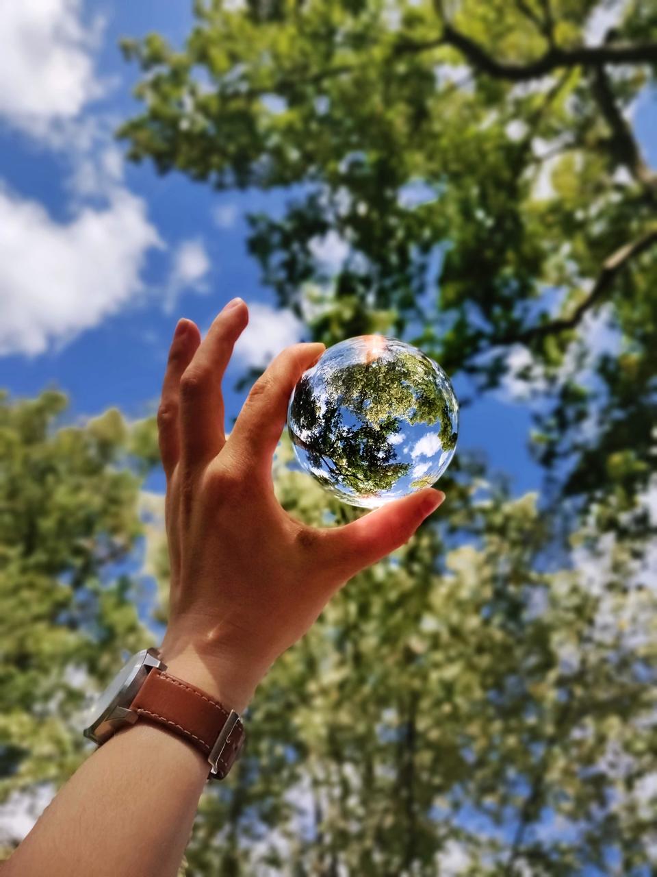 Hand reaching out to frame a soap bubble with trees